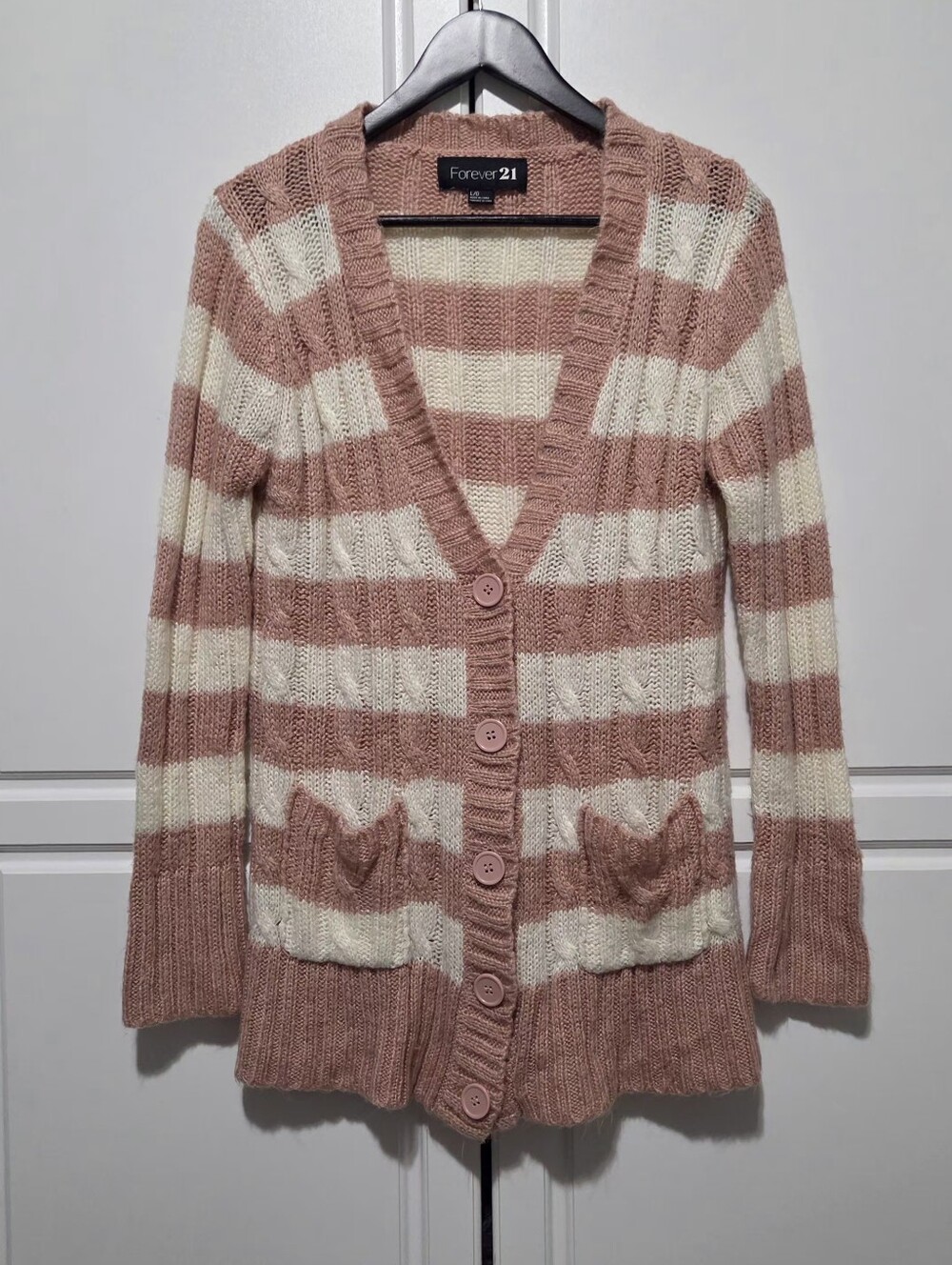 Forever 21 Pink Cream Striped Cardigan Sweater Chunky Knit Button Front Pockets